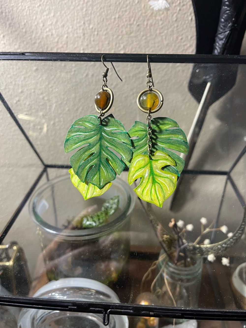 Tropical Monstera Leaf Drop Earrings in Green
